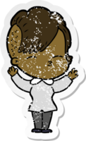 distressed sticker of a cartoon squinting girl png