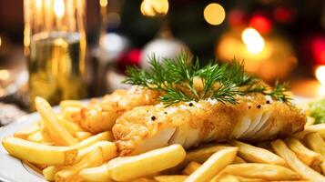 AI generated Fish and chips for winter holiday dinner, traditional British cuisine recipe in English country home, holidays celebration and homemade food photo