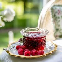 AI generated Raspberry jam and raspberries in a crystal bowl, country food and English recipe idea for menu, food blog and cookbook photo