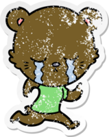 distressed sticker of a crying cartoon bear running png