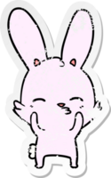 distressed sticker of a curious waving bunny cartoon png