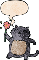 cartoon cat with flower with speech bubble in retro texture style png