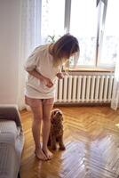 young woman trains her cockapoo photo
