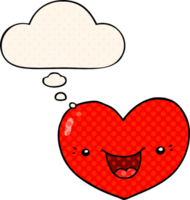 cartoon love heart character with thought bubble in comic book style png