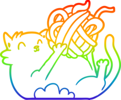 rainbow gradient line drawing of a cartoon cat playing with ball of string png