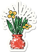 worn old sticker of a tattoo style flowers in vase png