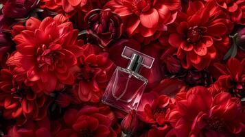 AI generated Perfume bottle in flowers, fragrance on blooming background, floral scent and cosmetic product photo