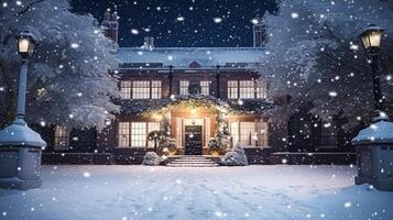 AI generated Christmas in the countryside manor, English country house mansion decorated for holidays on a snowy winter evening with snow and holiday lights, Merry Christmas and Happy Holidays photo