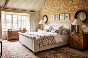 AI generated Cottage style bedroom decor, interior design and home decor, bed with elegant bedding and bespoke furniture, English country house or holiday rental photo