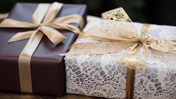 AI generated Christmas gift wrapping idea for boxing day and winter holidays in the English countryside tradition photo