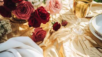 AI generated Wedding and event celebration tablescape with flowers, formal dinner table setting with roses and wine, elegant floral table decor for dinner party and holiday decoration, home styling photo