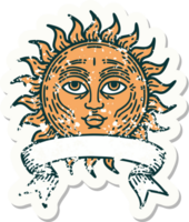 worn old sticker with banner of a sun with face png