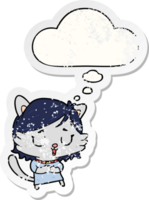 cartoon cat girl with thought bubble as a distressed worn sticker png