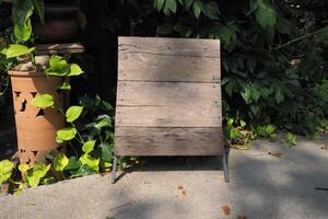 Vintage garden sign adorned with ivy amidst lush greenery photo