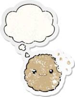 dessin animé biscuit avec pensée bulle comme une affligé usé autocollant png