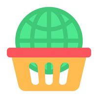 Globe with basket, flat design of global shopping icon vector