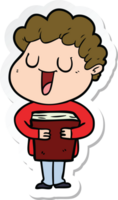 sticker of a laughing cartoon man with book png