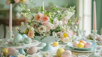 AI generated Easter tablescape decoration, floral holiday table decor for family celebration, spring flowers, Easter eggs, Easter bunny and vintage dinnerware, English country and home styling photo