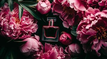 AI generated Perfume bottle in flowers, fragrance on blooming background, floral scent and cosmetic product photo