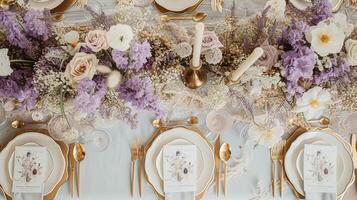 AI generated Wedding decor with lavender theme, floral decoration design and beautiful decor setting arrangement photo