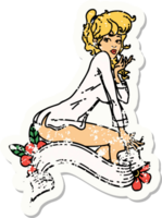 distressed sticker tattoo in traditional style of a pinup girl wearing a shirt with banner png