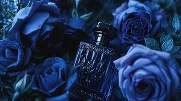 AI generated Perfume bottle in flowers, fragrance on blooming background, floral scent and cosmetic product photo