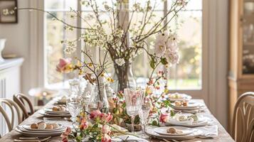 AI generated Easter tablescape decoration, floral holiday table decor for family celebration, spring flowers, Easter eggs, Easter bunny and vintage dinnerware, English country and home styling photo