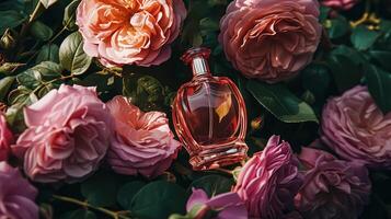 AI generated Perfume bottle in flowers, fragrance on blooming background, floral scent and cosmetic product photo