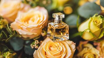 AI generated Perfume bottle in flowers, fragrance on blooming background, floral scent and cosmetic product photo