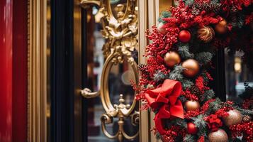 AI generated Christmas decoration details on English styled luxury high street city store door or shopping window display, holiday sale and shop decor photo