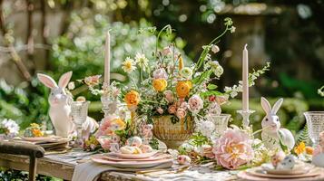 AI generated Easter tablescape decoration, floral holiday table decor for family celebration, spring flowers, Easter eggs, Easter bunny and vintage dinnerware, English country and home styling photo