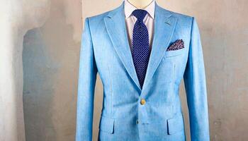 AI generated Light Blue Suit Jacket Displayed on a Mannequin photo