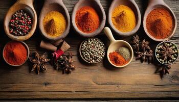 AI generated Spices on a Wooden Table photo