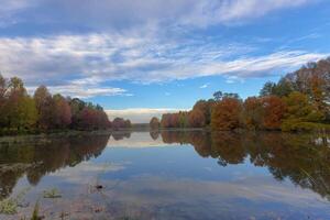 Reflection of autumn colored trees photo