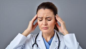 AI generated Tired Female Doctor Massaging Temples photo