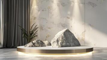 AI generated A white and gold of a nature marble platform surrounded by rocks. The background is geometric Stone and Rock shape, minimalist mockup for podium display showcase, studio room photo