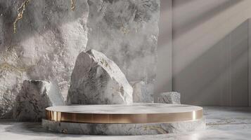 AI generated A white and gold of a nature marble platform surrounded by rocks. The background is geometric Stone and Rock shape, minimalist mockup for podium display showcase, studio room photo