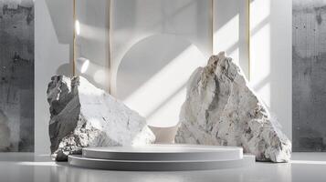 AI generated A white and gold of a nature marble platform surrounded by rocks. The background is geometric Stone and Rock shape, minimalist mockup for podium display showcase, studio room photo