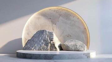 AI generated A white and gold of a nature marble platform surrounded by rocks. The background is geometric Stone and Rock shape, minimalist mockup for podium display showcase, studio room photo