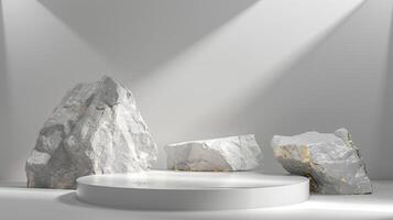 ai generado un blanco y oro de un naturaleza mármol plataforma rodeado por rocas el antecedentes es geométrico Roca y rock forma, minimalista Bosquejo para podio monitor escaparate, estudio habitación foto