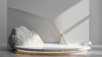 AI generated A white and gold of a nature marble platform surrounded by rocks. The background is geometric Stone and Rock shape, minimalist mockup for podium display showcase, studio room photo