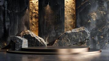 AI generated A black and gold of a nature marble platform surrounded by rocks. The background is geometric Stone and Rock shape, minimalist mockup for podium display showcase, studio room photo