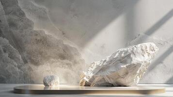 AI generated A white and gold of a nature marble platform surrounded by rocks. The background is geometric Stone and Rock shape, minimalist mockup for podium display showcase, studio room photo