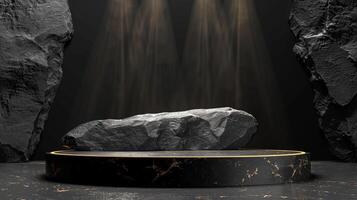 AI generated A black and gold of a nature marble platform surrounded by rocks. The background is geometric Stone and Rock shape, minimalist mockup for podium display showcase, studio room photo