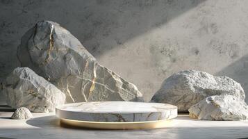 AI generated A white and gold of a nature marble platform surrounded by rocks. The background is geometric Stone and Rock shape, minimalist mockup for podium display showcase, studio room photo