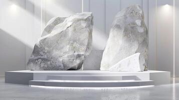 AI generated A white and gold of a nature marble platform surrounded by rocks. The background is geometric Stone and Rock shape, minimalist mockup for podium display showcase, studio room photo