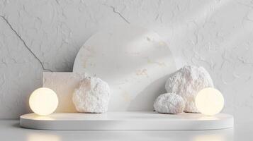 AI generated A white and gold of a nature marble platform surrounded by rocks. The background is geometric Stone and Rock shape, minimalist mockup for podium display showcase, studio room photo