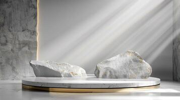 AI generated A white and gold of a nature marble platform surrounded by rocks. The background is geometric Stone and Rock shape, minimalist mockup for podium display showcase, studio room photo