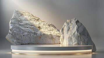 AI generated A white and gold of a nature marble platform surrounded by rocks. The background is geometric Stone and Rock shape, minimalist mockup for podium display showcase, studio room photo