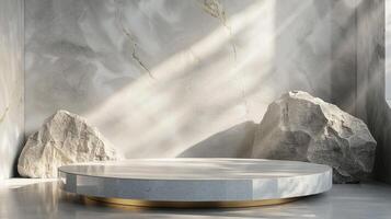 AI generated A white and gold of a nature marble platform surrounded by rocks. The background is geometric Stone and Rock shape, minimalist mockup for podium display showcase, studio room photo